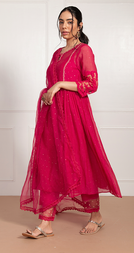 Kashfiya- Ruby Red Side Kali Suit Set with Mukaish Work