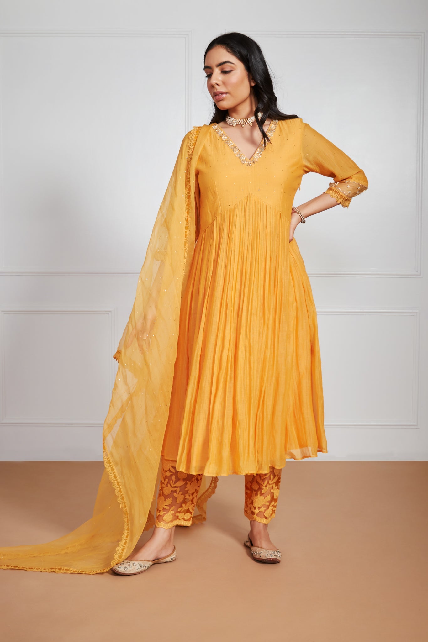Layina - Sunset Yellow Anarkali with Mukaish Work