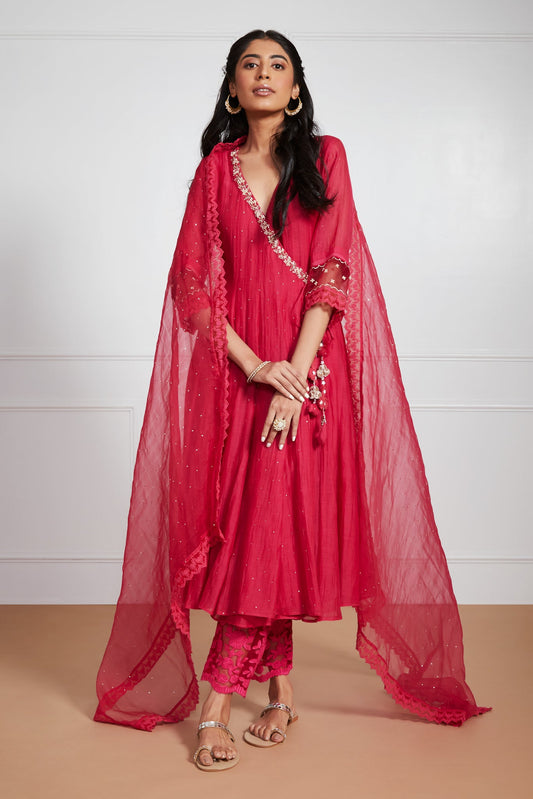 Nabawiya - Ruby Red Angrakha Anarkali with Mukaish work