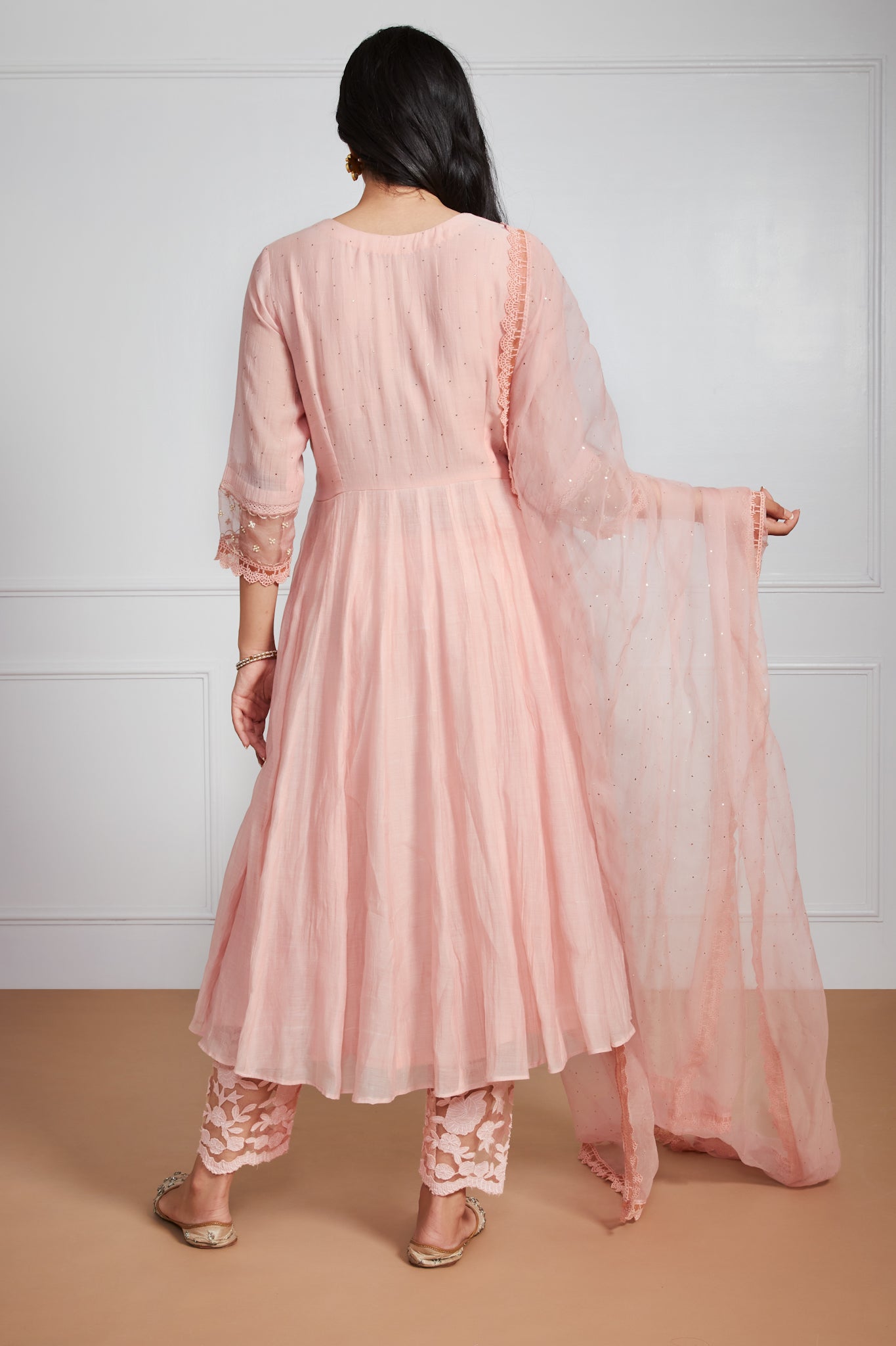 Nazam - Peony Peach Anarkali with Mukaish Work