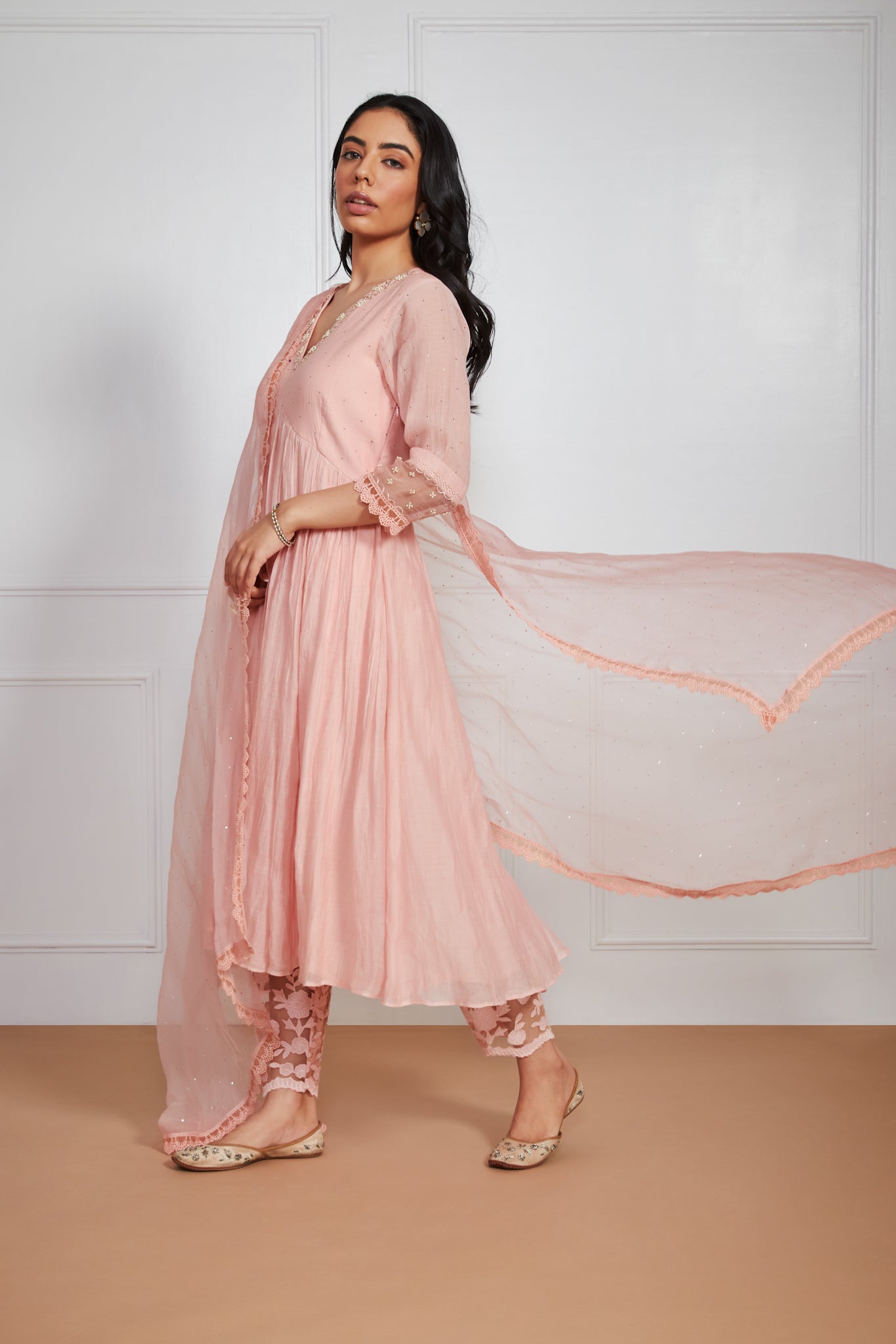 Nazam - Peony Peach Anarkali with Mukaish Work