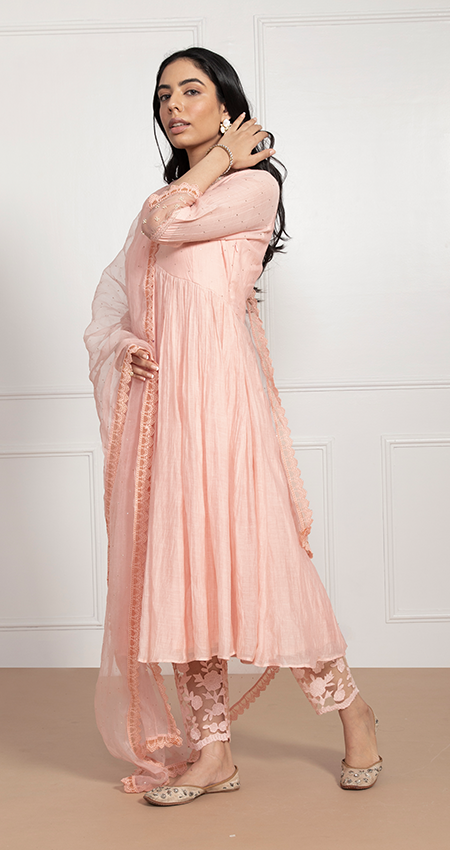 Nazam - Peony Peach Anarkali with Mukaish Work