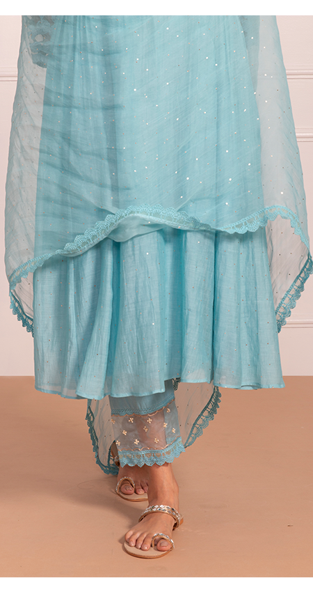 Nazreen - Smoke Blue Side Kali Suit Set with Mukaish Work