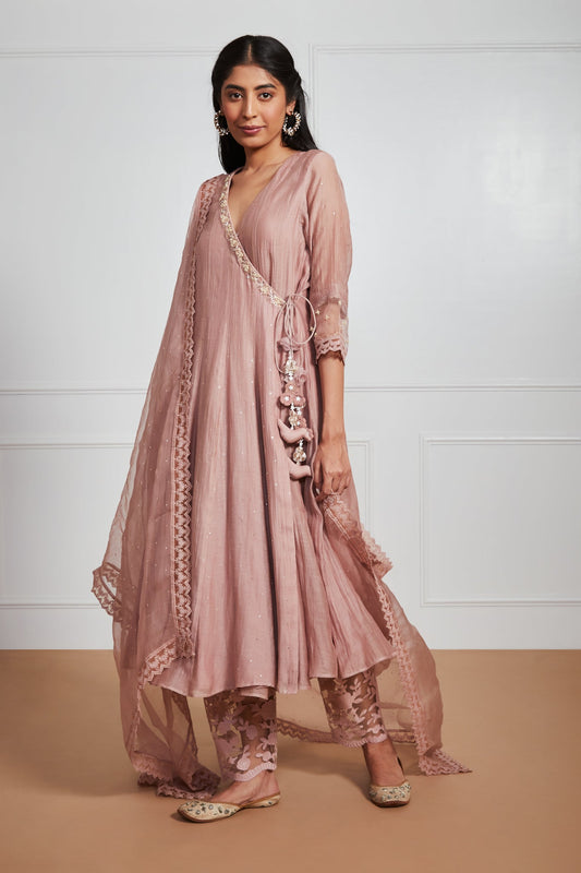 Nosheen - Earth Brown Angrakha Anarkali with Mukaish Work