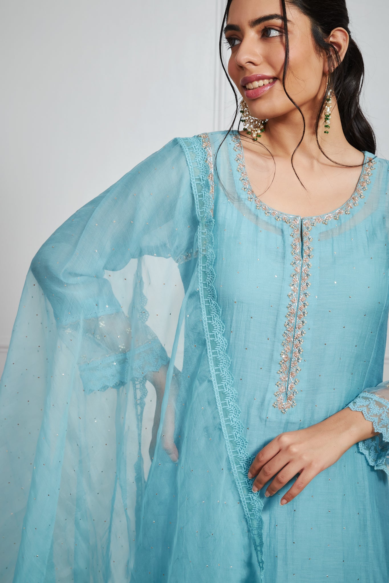 Rudainah - Smoke Blue Straight Suit with Mukaish Work