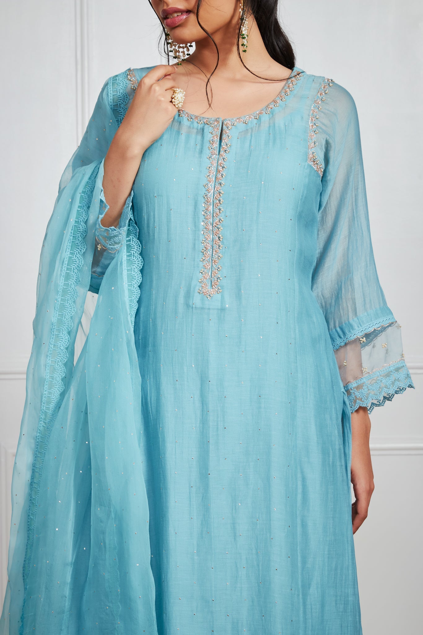 Rudainah - Smoke Blue Straight Suit with Mukaish Work