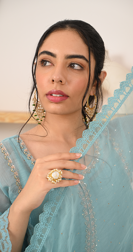 Rudainah - Smoke Blue Straight Suit with Mukaish Work