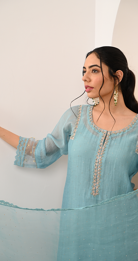 Rudainah - Smoke Blue Straight Suit with Mukaish Work
