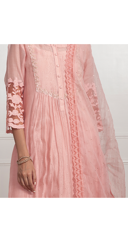 Siddra- Blush Pink Front Pleated Suit Set with Mukaish Work