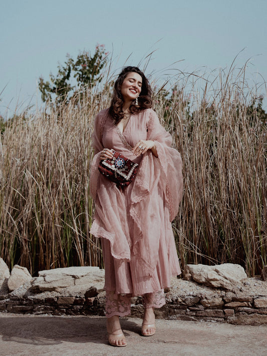 Urmi Daga in Nosheen - Earth Brown Angrakha Anarkali with Mukaish Work