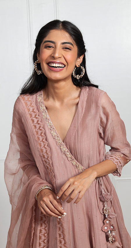 Urmi Daga in Nosheen - Earth Brown Angrakha Anarkali with Mukaish Work