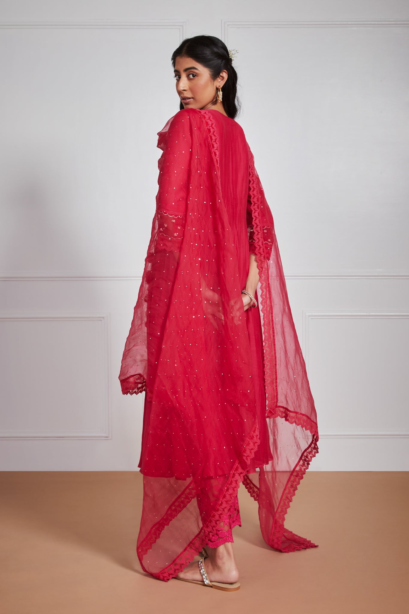 Nabawiya - Ruby Red Angrakha Anarkali with Mukaish work