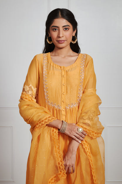 Shazana- Sunset Yellow Front Pleated Suit Set with Mukaish Work