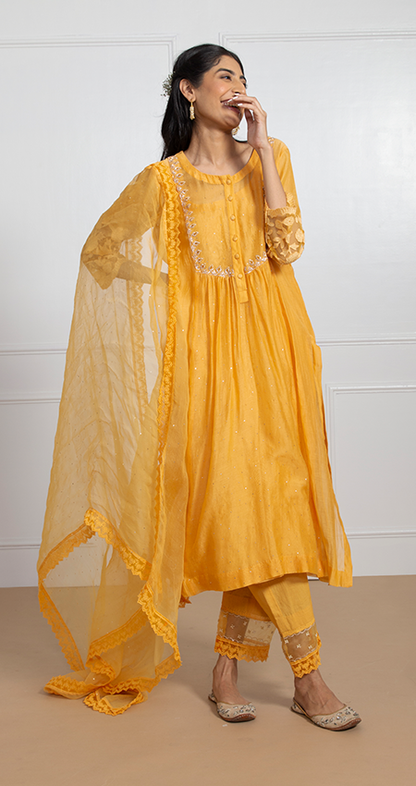 Shazana- Sunset Yellow Front Pleated Suit Set with Mukaish Work
