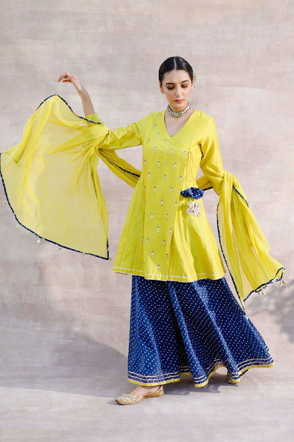 Afsheen - Yellow Chanderi Angrakha Shirt with Sharara