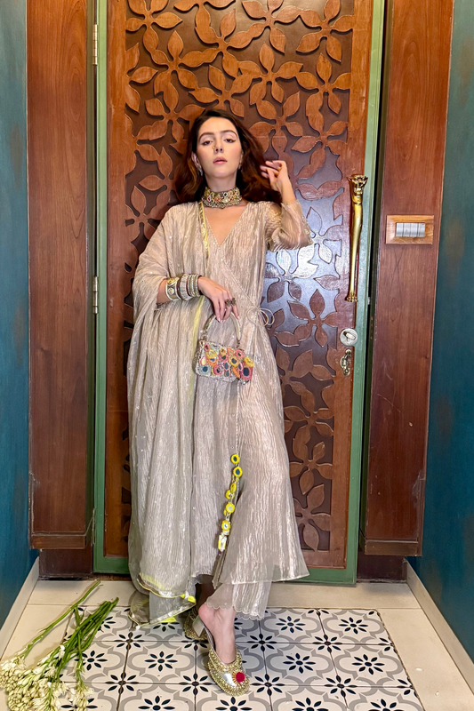 Meghna Sahijwani in Veda - The Tissue Angrakha Set