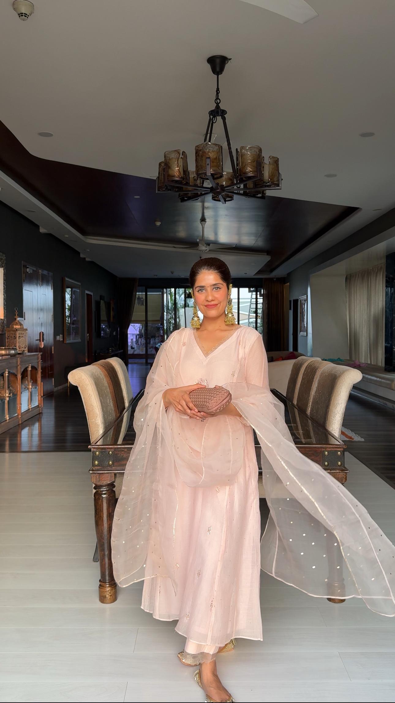 Mehal Kejriwal in Amber- Soft Pink A-line Suit Set