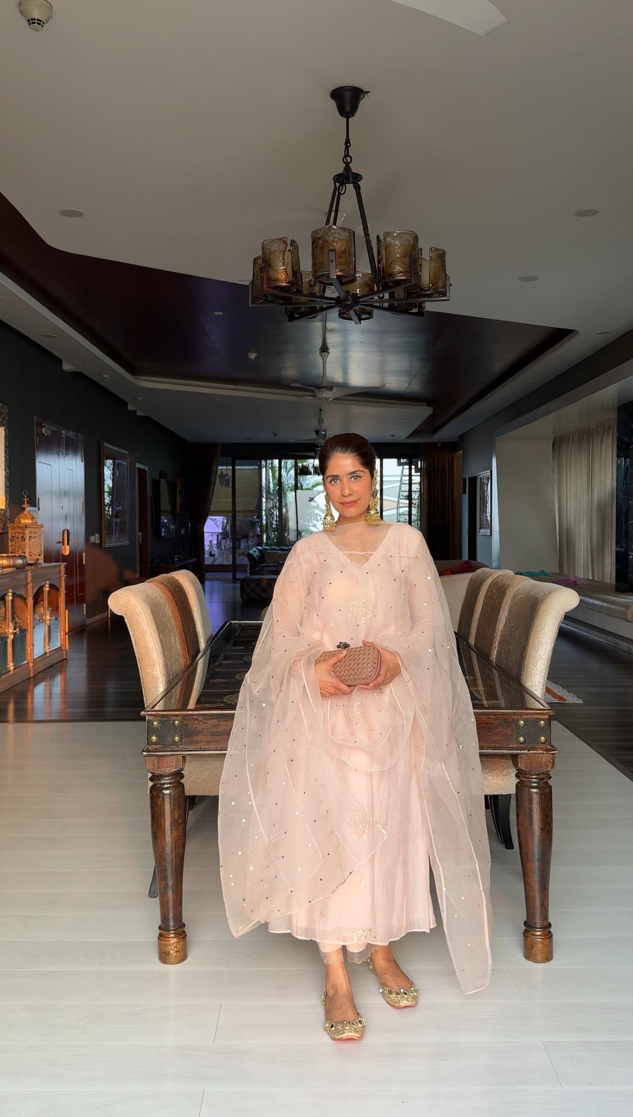 Mehal Kejriwal in Amber- Soft Pink A-line Suit Set