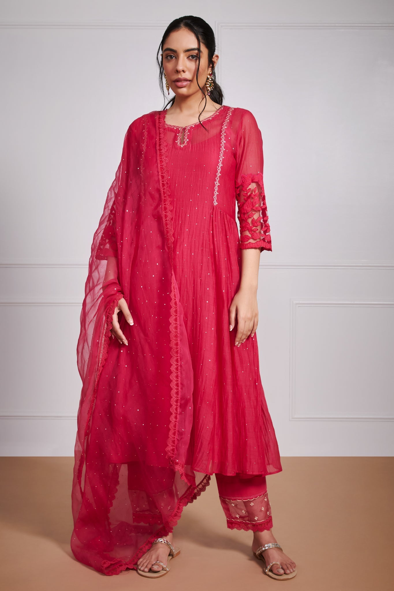 Kashfiya- Ruby Red Side Kali Suit Set with Mukaish Work