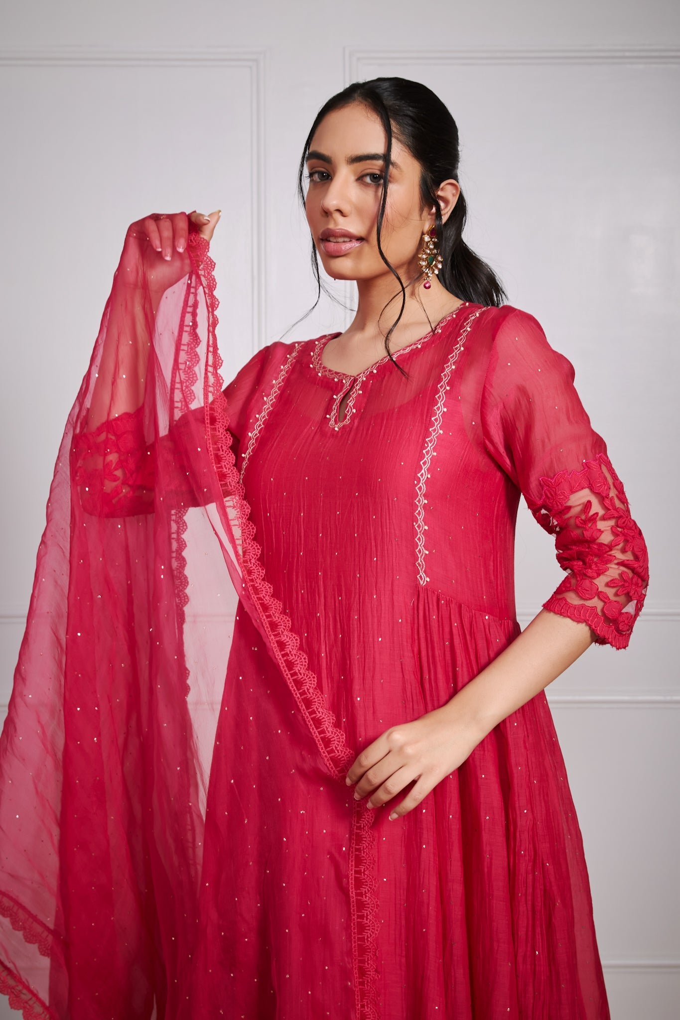 Kashfiya- Ruby Red Side Kali Suit Set with Mukaish Work