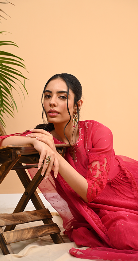 Kashfiya- Ruby Red Side Kali Suit Set with Mukaish Work