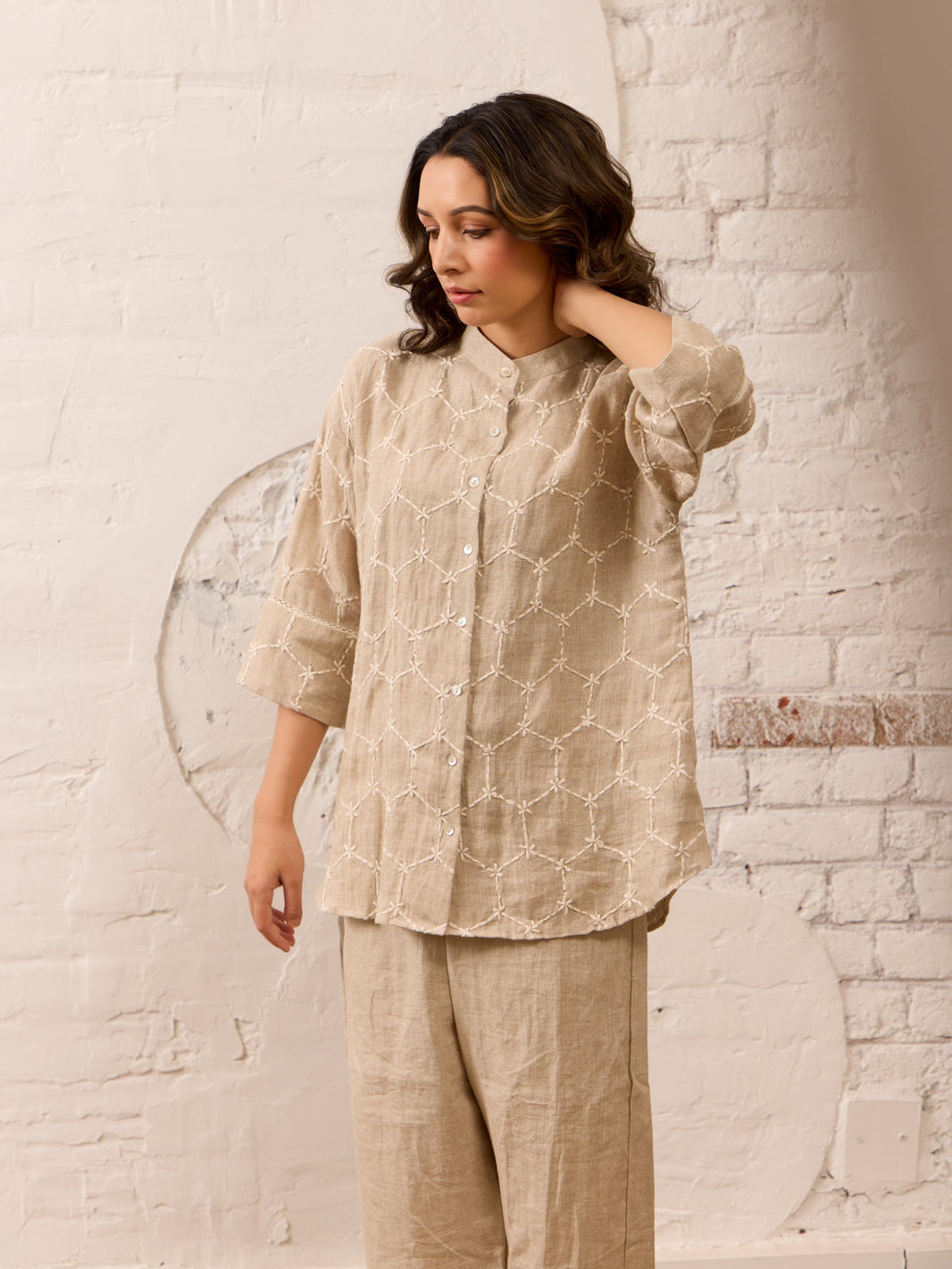The Sundar Sapna Beige Stripe Gauze Linen Co-ord Set