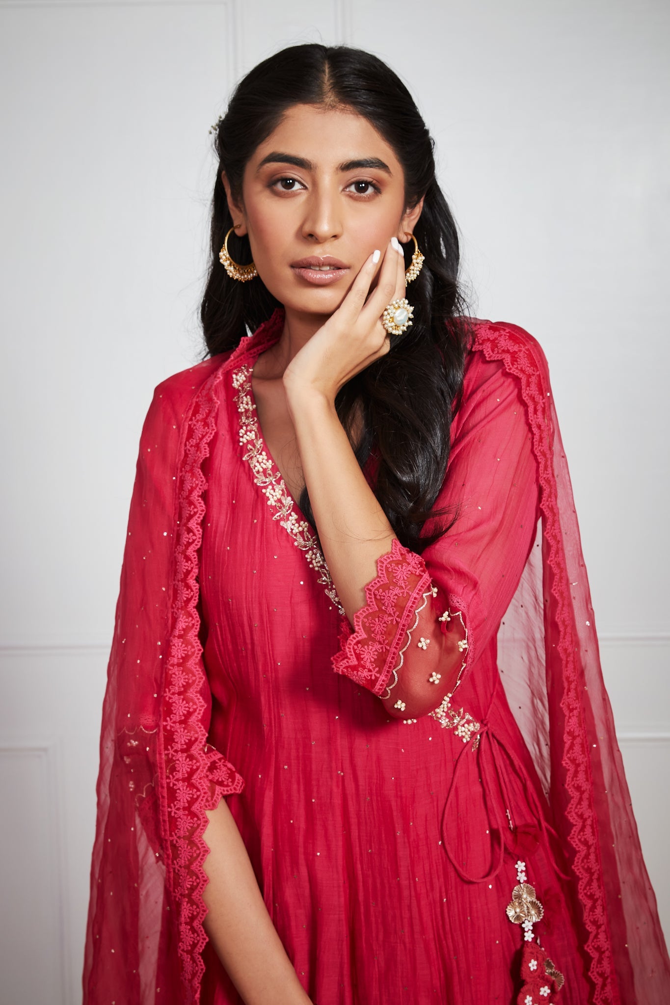 Nabawiya - Ruby Red Angrakha Anarkali with Mukaish work