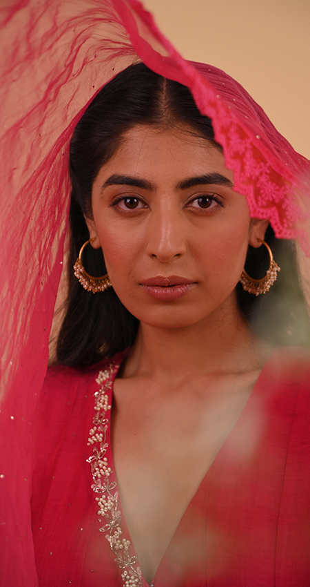 Nabawiya - Ruby Red Angrakha Anarkali with Mukaish work