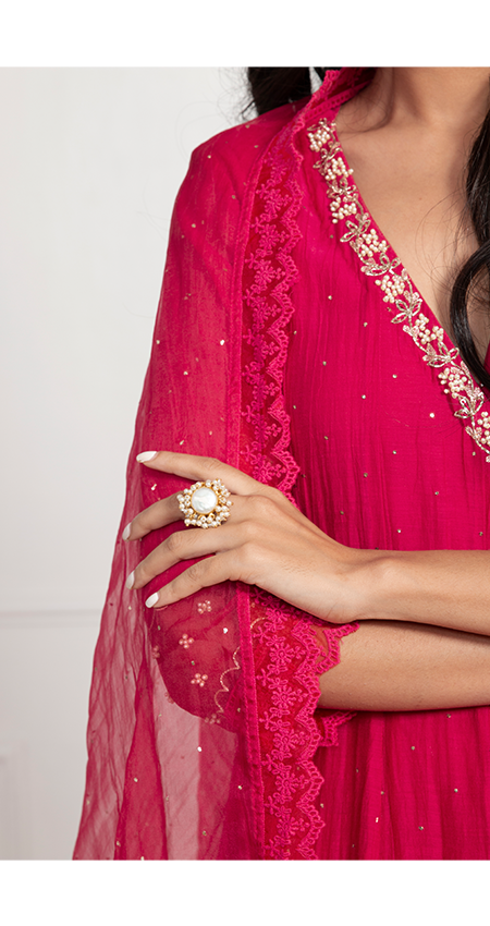 Nabawiya - Ruby Red Angrakha Anarkali with Mukaish work