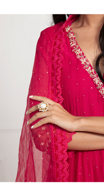 Nabawiya - Ruby Red Angrakha Anarkali with Mukaish work