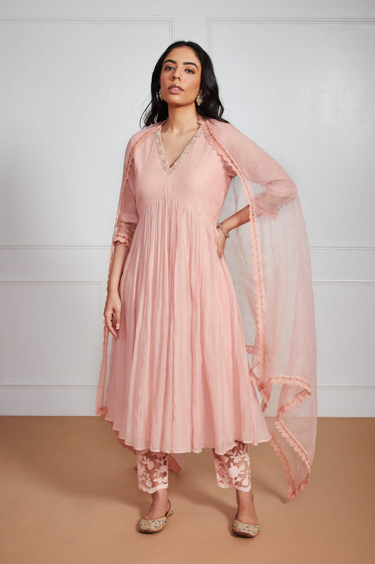 Nazam - Peony Peach Anarkali with Mukaish Work