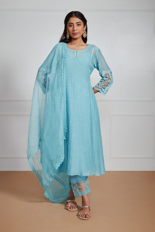 Nazreen - Smoke Blue Side Kali Suit Set with Mukaish Work