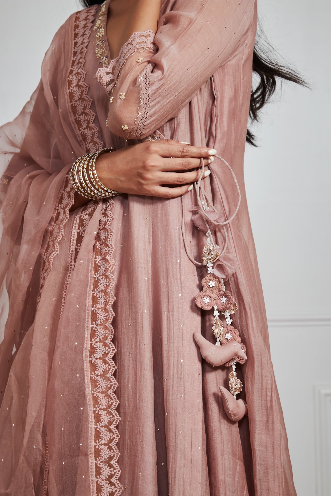 Nosheen - Earth Brown Angrakha Anarkali with Mukaish Work