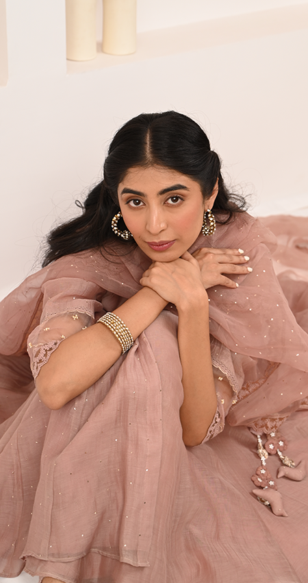Nosheen - Earth Brown Angrakha Anarkali with Mukaish Work