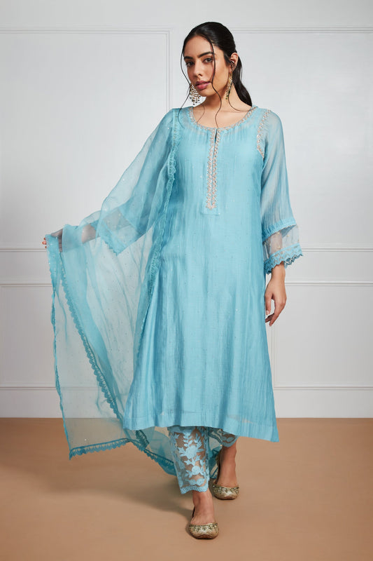 Rudainah - Smoke Blue Straight Suit with Mukaish Work