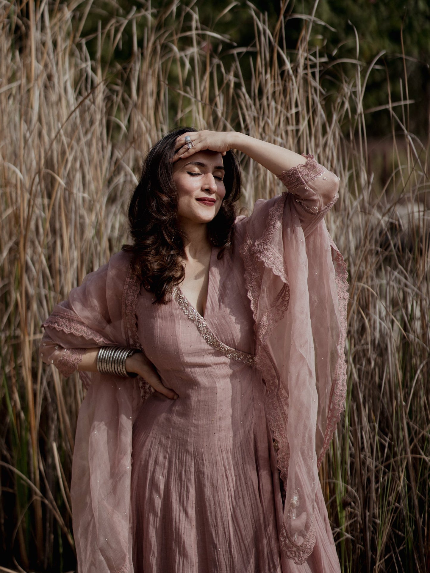 Urmi Daga in Nosheen - Earth Brown Angrakha Anarkali with Mukaish Work