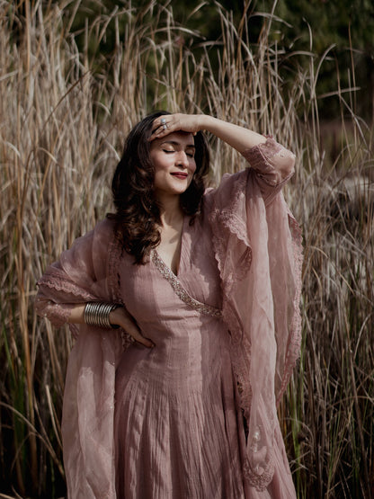 Urmi Daga in Nosheen - Earth Brown Angrakha Anarkali with Mukaish Work