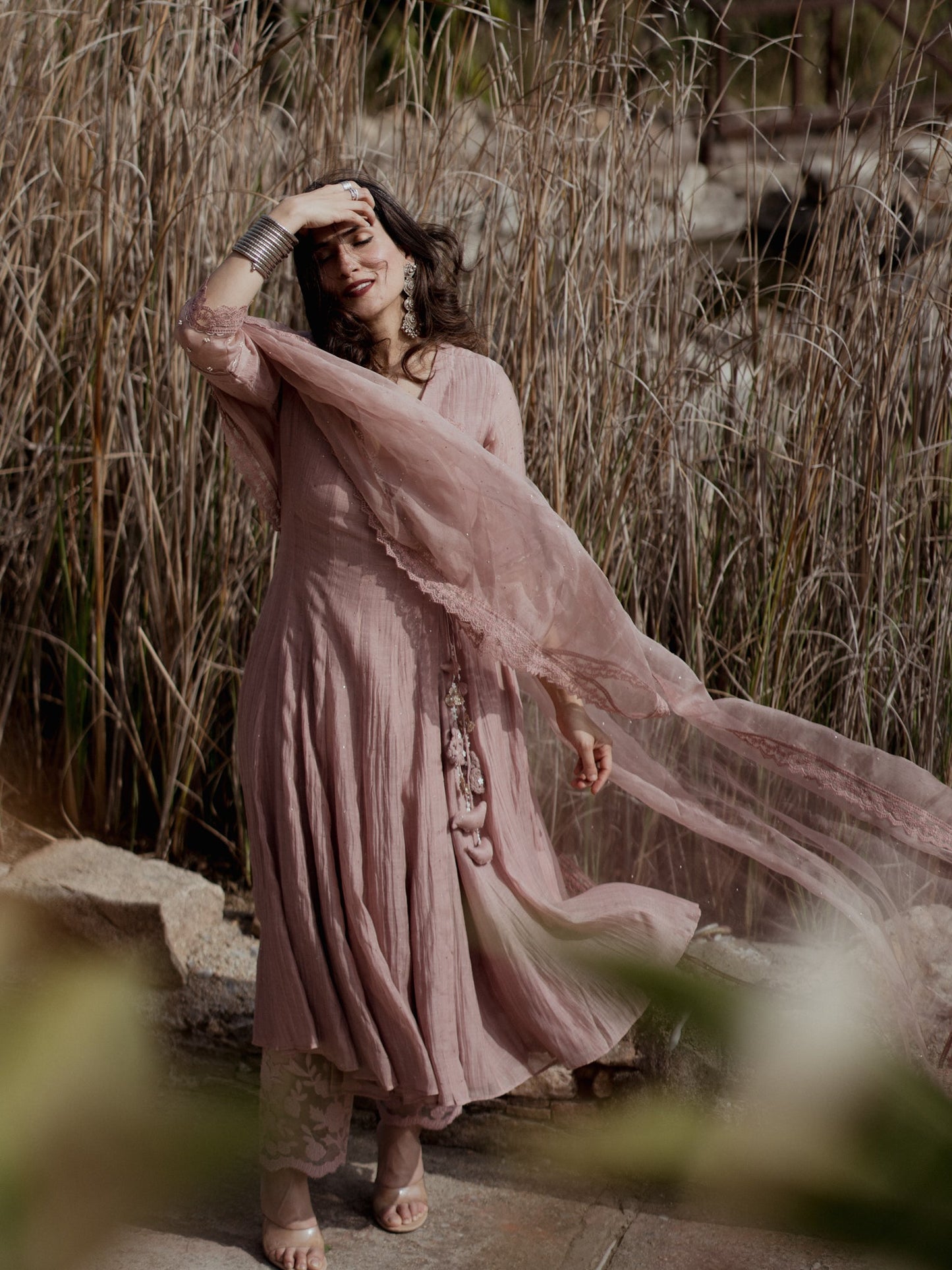 Urmi Daga in Nosheen - Earth Brown Angrakha Anarkali with Mukaish Work