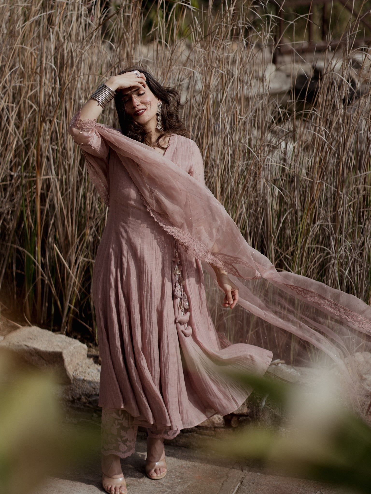 Urmi Daga in Nosheen - Earth Brown Angrakha Anarkali with Mukaish Work