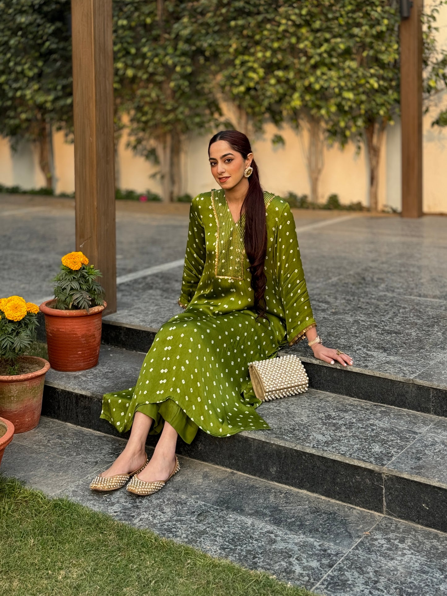 Jasnoor Anand in Willow - The Green Bandhani Kurta Set