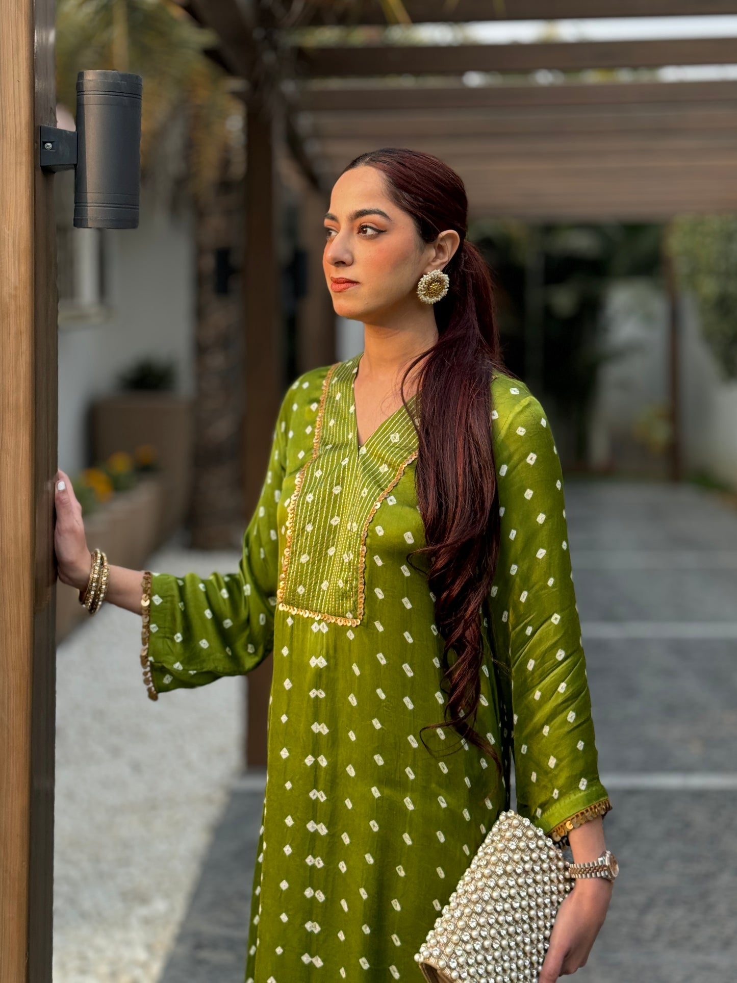 Jasnoor Anand in Willow - The Green Bandhani Kurta Set