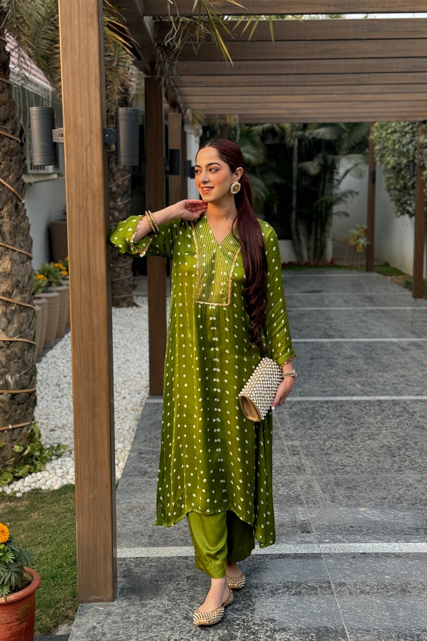 Jasnoor Anand in Willow - The Green Bandhani Kurta Set