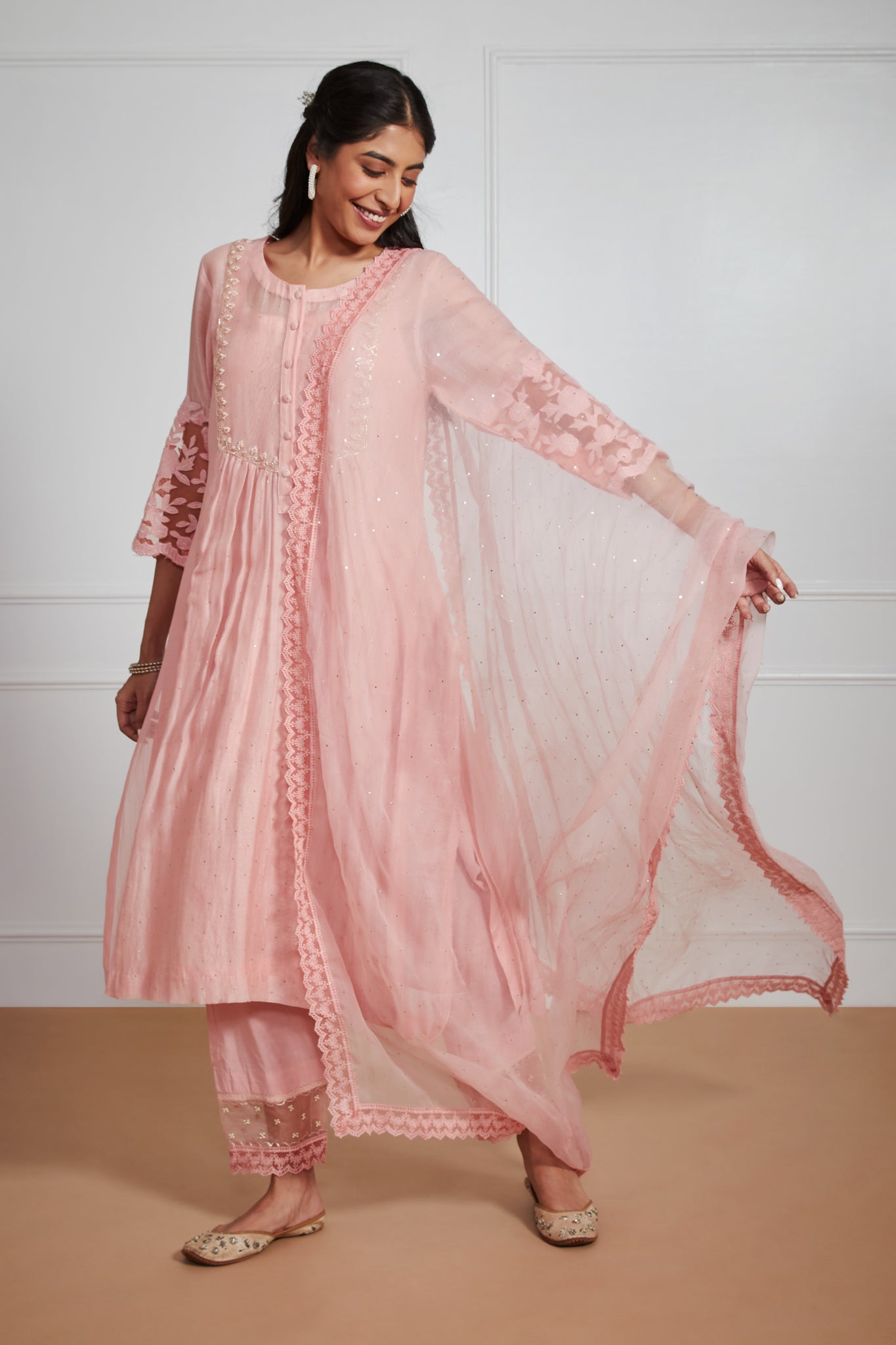 Siddra- Blush Pink Front Pleated Suit Set with Mukaish Work