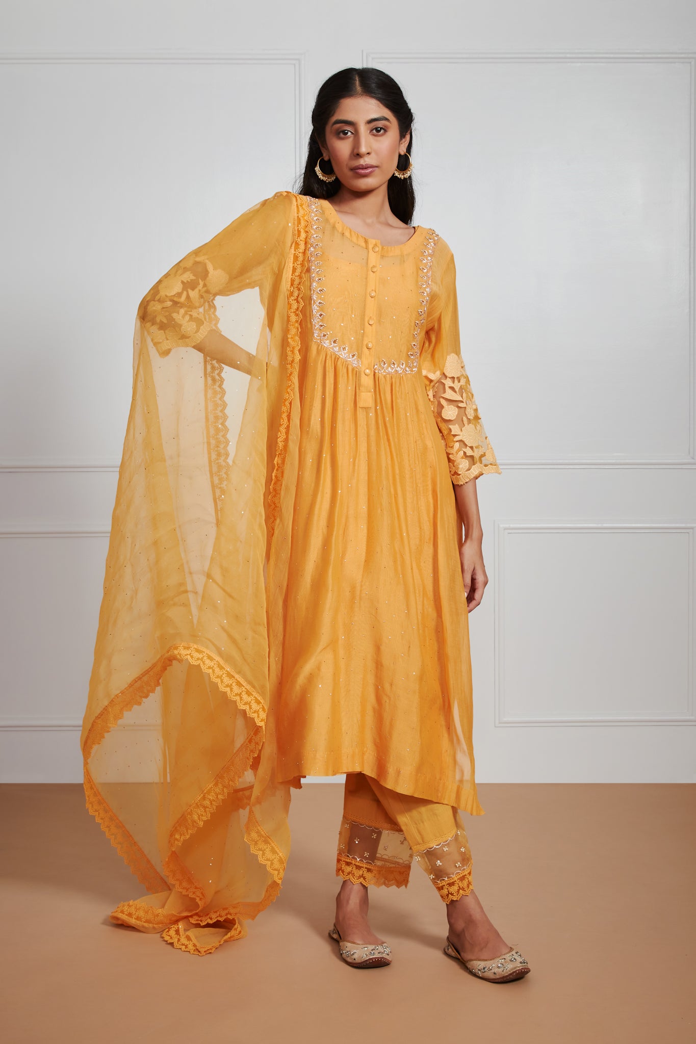 Shazana- Sunset Yellow Front Pleated Suit Set with Mukaish Work