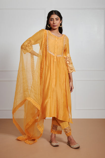 Shazana- Sunset Yellow Front Pleated Suit Set with Mukaish Work