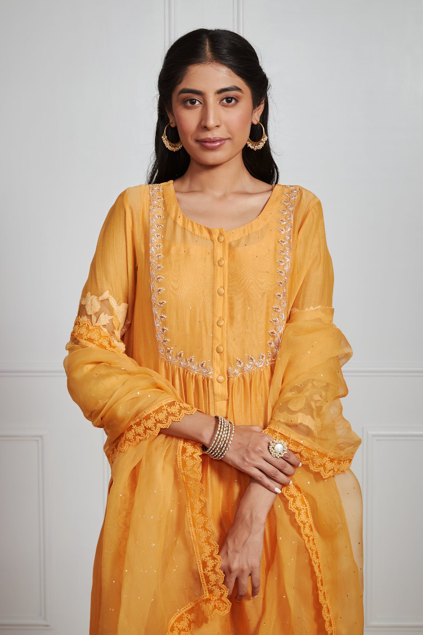 Shazana- Sunset Yellow Front Pleated Suit Set with Mukaish Work