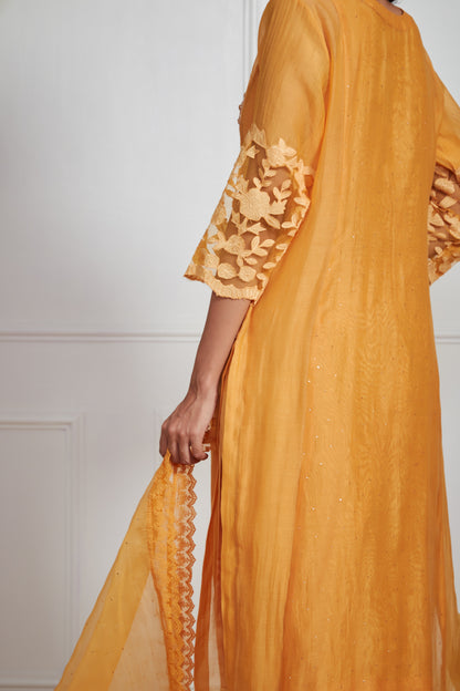 Shazana- Sunset Yellow Front Pleated Suit Set with Mukaish Work