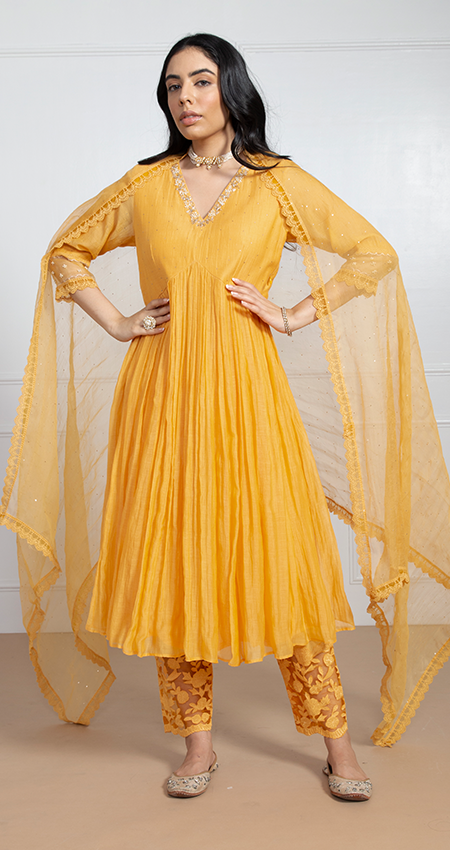 Layina - Sunset Yellow Anarkali with Mukaish Work