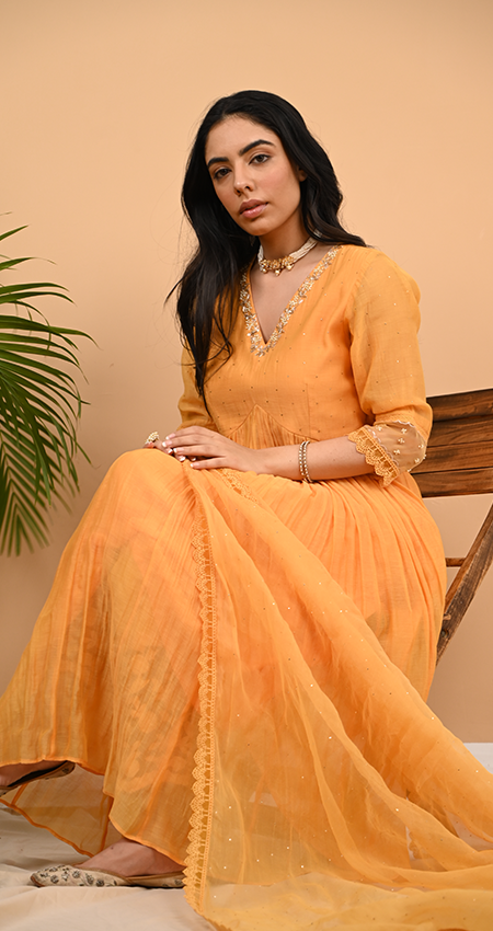 Layina - Sunset Yellow Anarkali with Mukaish Work