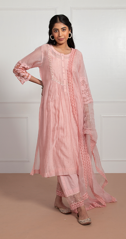 Siddra- Blush Pink Front Pleated Suit Set with Mukaish Work